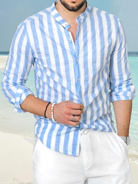 

Cotton Linen Striped Casual Long Sleeve Shirt, White-blue, Long Sleeve Shirts