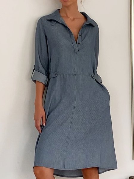 

Women Plain Autumn Ethnic Buttoned Micro-Elasticity Daily Loose Midi Lapel Collar Dresses, Denim blue, Mini Dresses