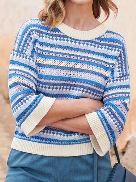 

Women Color Block Casual Autumn Daily Loose Wool/Knitting Regular H-Line Regular Size Sweater, Blue, Sweaters & Cardigans