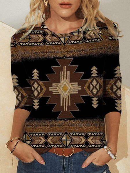 

Ethnic Floral Design Round Neck Long Sleeve T-Shirt, Brown, T-Shirts