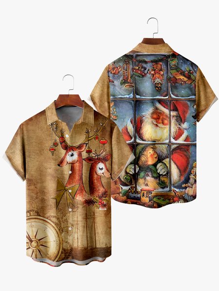 

Men's Christmas Print Fashion Lapel Short Sleeve Hawaiian Shirt, Khaki, Short Sleeve Shirts