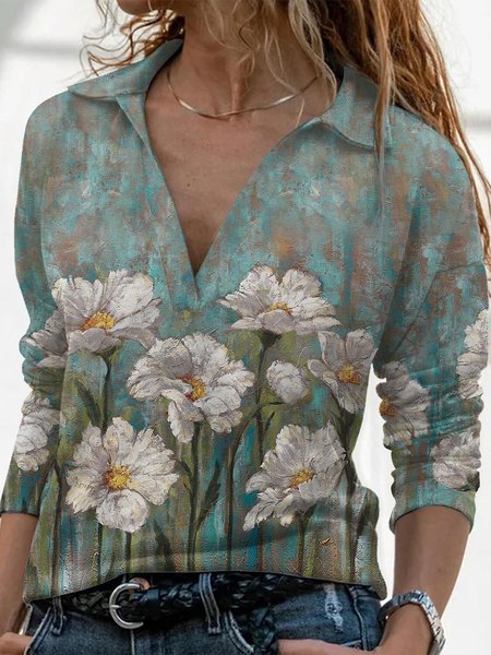 

Shawl Collar Floral Loose Tops, Green, T-Shirts