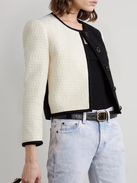 

Simple Plain Crew Neck Loosen Jacket, Black-white, Jackets