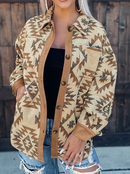 

Beige Aztec Pocket Buttoned Long Sleeve Jacket, Multicolor, Jackets