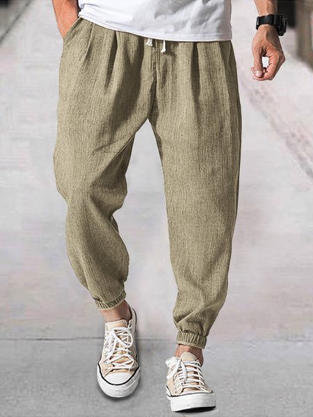 

Cotton and Linen Plain Hawaiian Casual Trousers, As picture, Men's pants