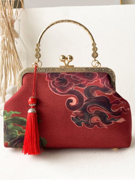 

Elegant Vintage Fringe Print Kiss Button Tote Bag, Red, Bags