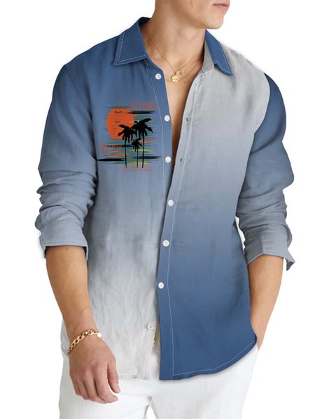 

Printed cotton and linen style gradient coconut comfortable flax long sleeve shirts, As picture, Long Sleeve Shirts