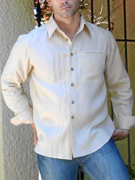 

Men's Pintuck Panel Cotton Linen Long Sleeve Shirt, Khaki, Long Sleeve Basic Shirts