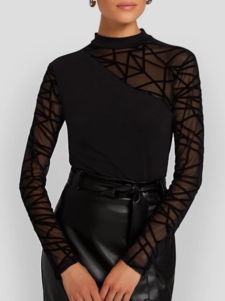 

Daily Stand Collar Color Block Mesh-inset Top, Black, Tees