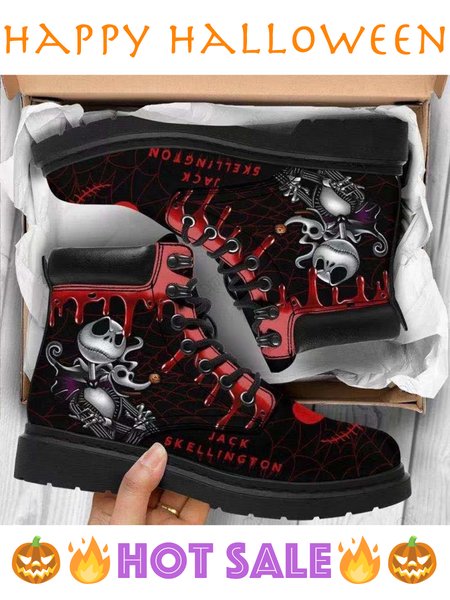 

Halloween Black Red Spider Web Scarecrow Skull Graphic Booties, As picture, Sneakers