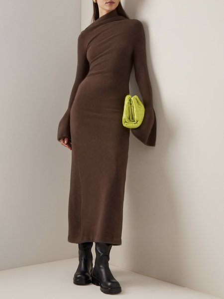 

Plain Winter Elegant Micro-Elasticity Long Asymmetrical Long sleeve Regular Regular Size Dresses for Women, Brown, Maxi Dresses