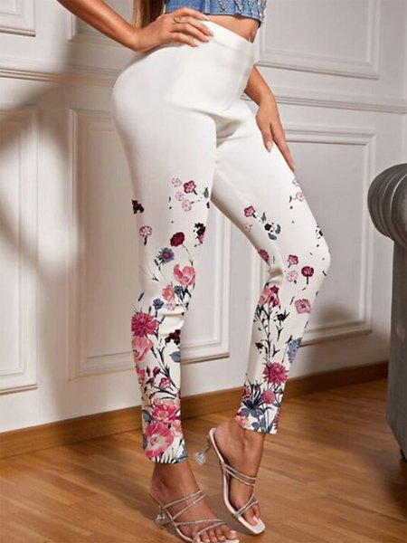 

Casual Floral Leggings, White, leggings