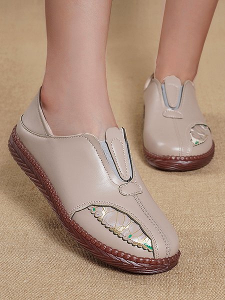 

Vintage Print Panel Soft Leather Comfort Flats, Beige, Flats