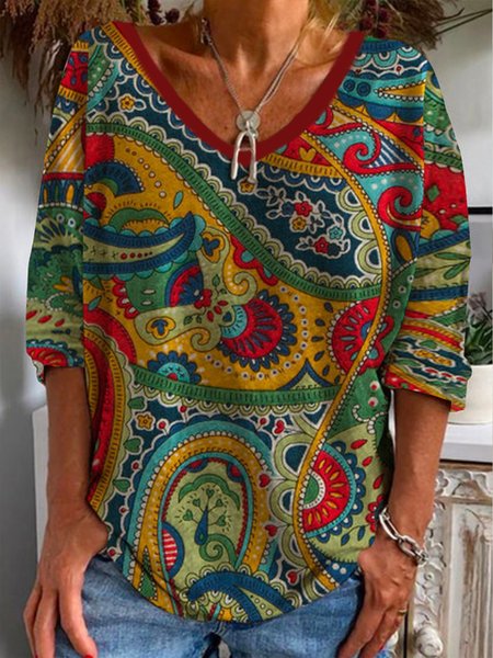 

Ethnic Loose V Neck T-Shirt, Multicolor, T-Shirts