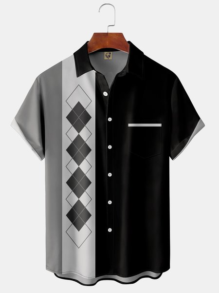 

Men's Pocket Colorblock Geometric Print Casual Breathable Hawaiian Short Sleeve Shirt, Black, Short Sleeve Shirts