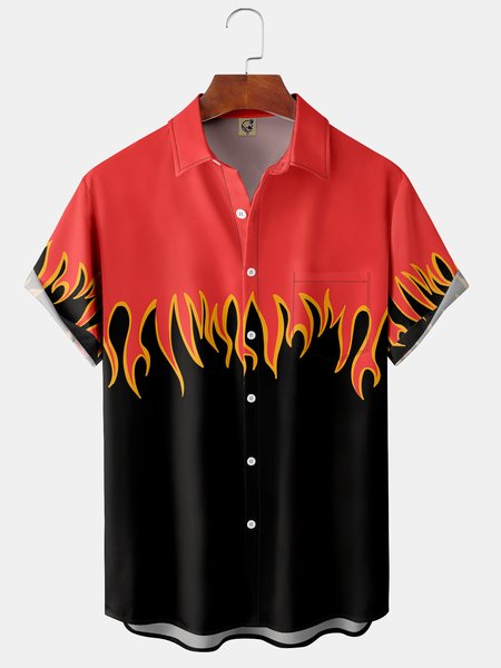 

Men's Flame Print Fashion Lapel Pocket Short Sleeve Hawaiian Shirt, Black, Short Sleeve Shirts