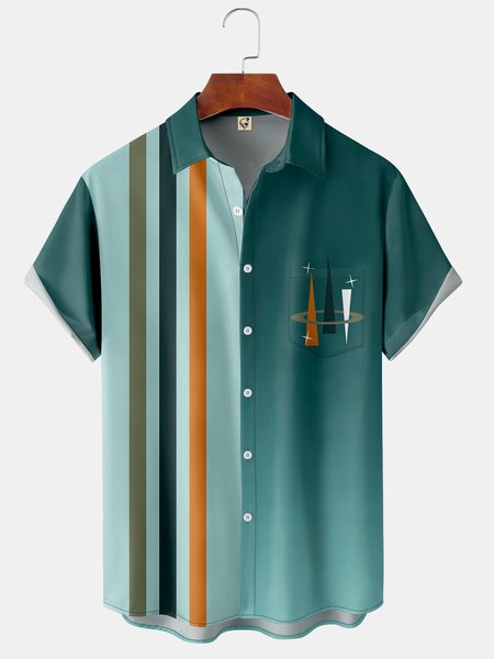 

Casual Art Collection Medieval Gradient Geometric Stripes Color Block Pattern Lapel Short Sleeve Chest Pocket Shirt Print Top, Lake blue, Short Sleeve Shirts