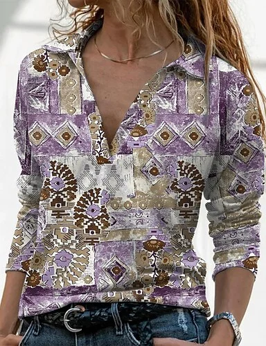 

Loose Geometric Shawl Collar Tops, Multicolor, Tops