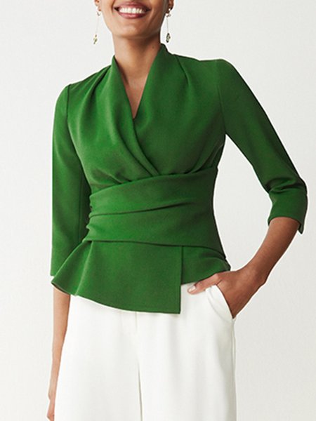 

Plain V Neck Ruched Regular Fit Three Quarter Top, Green, Tops