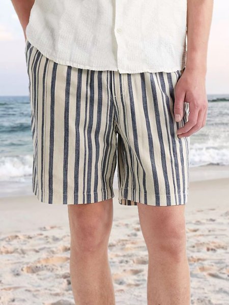 

Men's Cotton Linen Elastic Waist Striped Print Shorts, Blue, Men's shorts