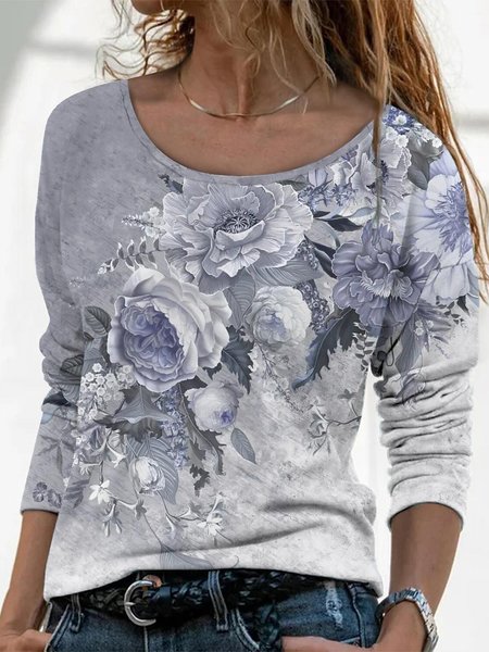 

JFN Crew Neck Casual Floral Autumn Loose Long sleeve Top, Multicolor, T-Shirts