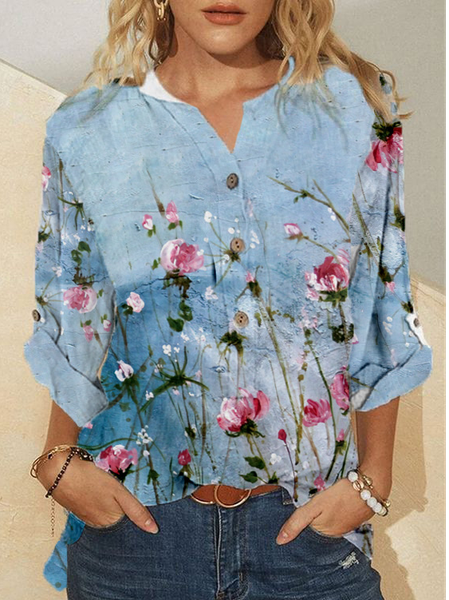 

Women Casual Floral Autumn Polyester V neck No Elasticity Daily Loose Regular Blouse, Multicolor, Shirts & Blouses