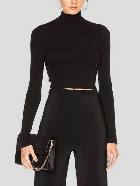 Women Plain Simple Autumn Polyester Tight 1 * Top Regular Regular Regular Size T-shirt, Black, Tees