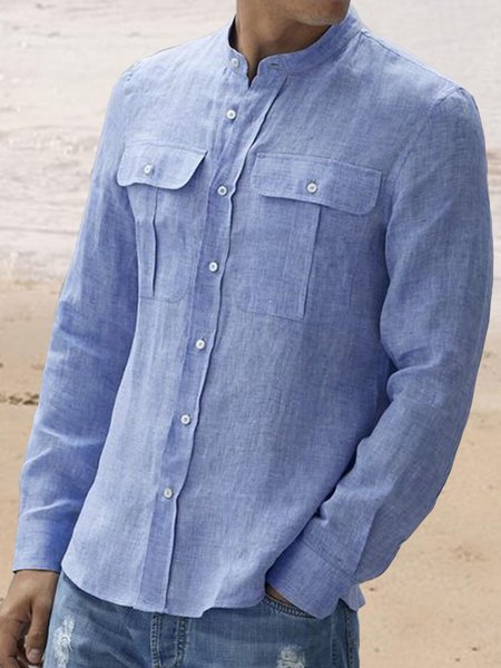 

Cotton and Linen Plain Color Tooling Pocket Long Sleeve Shirt, Blue, Long Sleeve Basic Shirts