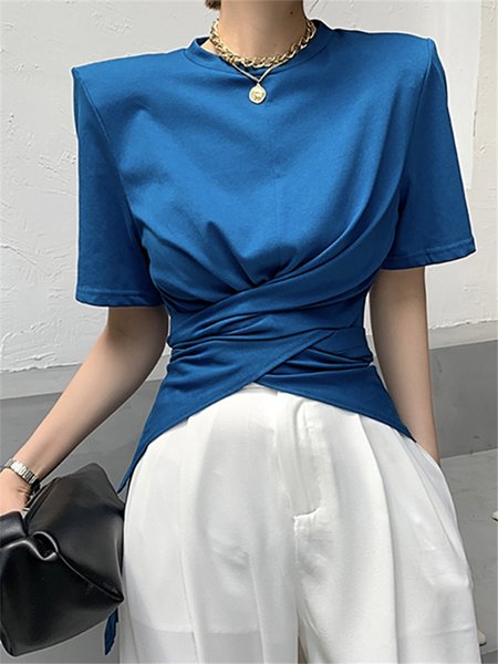 

Women Plain Autumn Urban Micro-Elasticity Daily Regular Fit Crew Neck X-Line Regular T-shirt, Blue, Tees