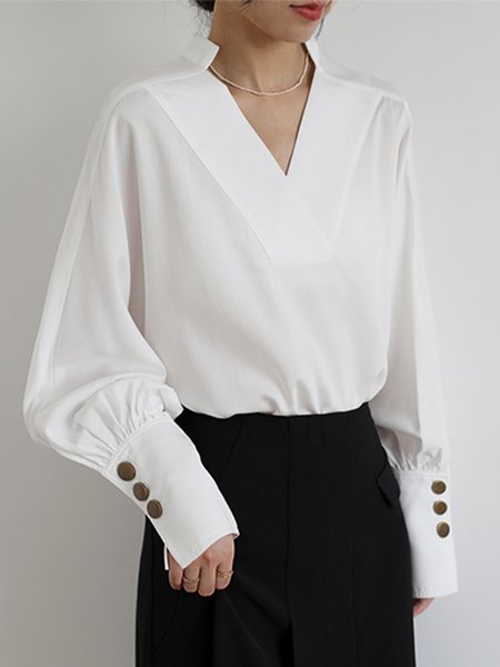 

Elegant Plain Lantern Sleeve V Neck Loose Blouse, White, Blouses and Shirts