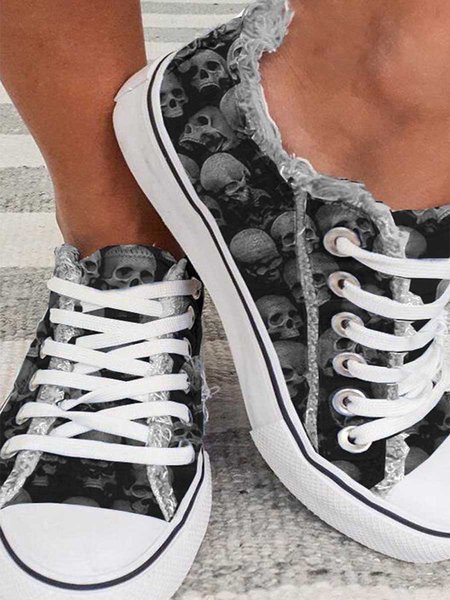 

Halloween Black Skull Braided Canvas Flats, Sneakers