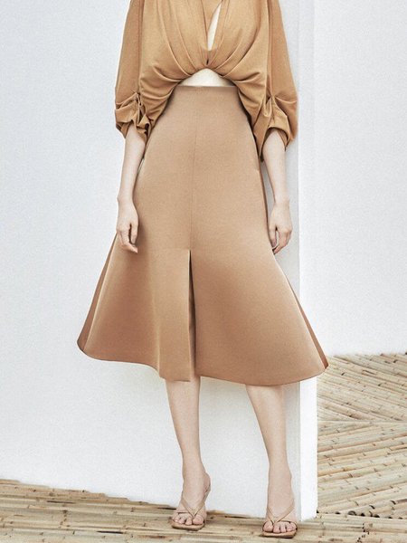 

High Waist Regular Fit Elegant Skirt, Khaki, Skirts