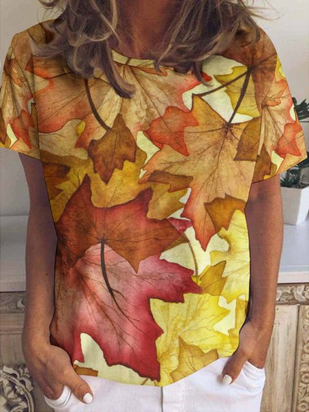

Womens Leaf Print Crew Neck T-Shirt, As picture, T-shirts