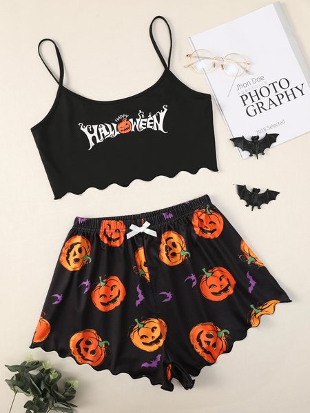 

Halloween Pumpkin Alphabet Print Sling Top Shorts Loungewear Pajama Set Plus Size, Black, Loungewear & Sleepwear