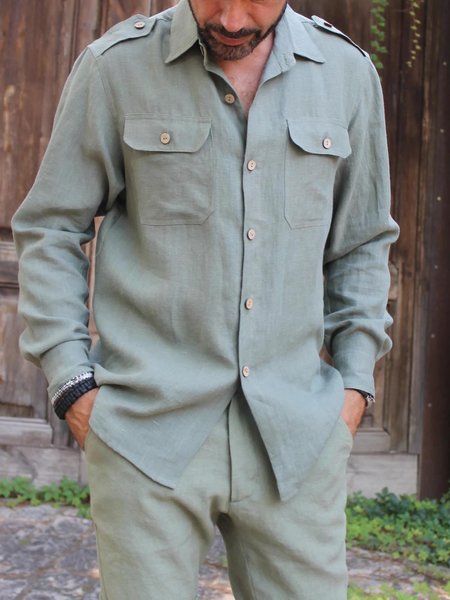 

Cotton Linen Casual Work Pocket Long Sleeve Shirt, Lightgreen, Long Sleeve Basic Shirts