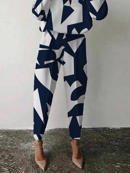 

Mid Waist Loose Geometric Casual Ankle Pants, Blue, Pants