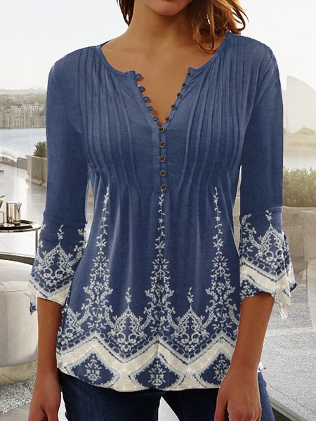 

V Neck Ribbed Casual Top, Blue, Tops
