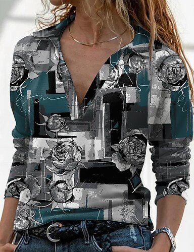 

Color Block Floral Shawl Collar Casual Loose Top, Multicolor, Tops