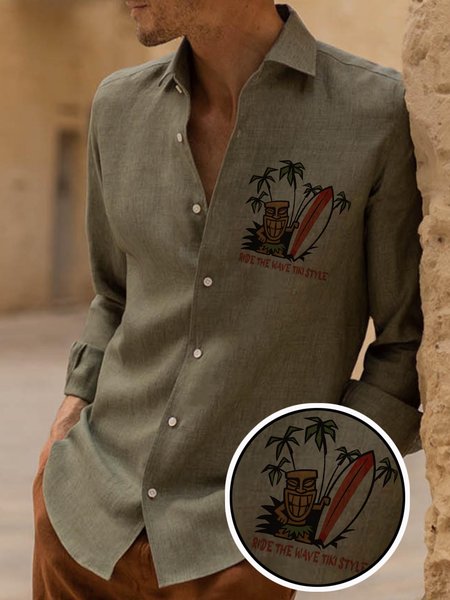 

Cotton Linen Vintage TIKI Long Sleeve Shirt, As picture, Long Sleeve Shirts