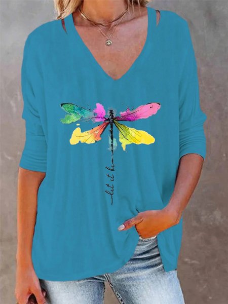 

Women's Tunic Top T shirt Tee Dragonfly Graphic Prints Print Long Sleeve V Neck Casual Daily Polyester Fall, Blue, T-shirts