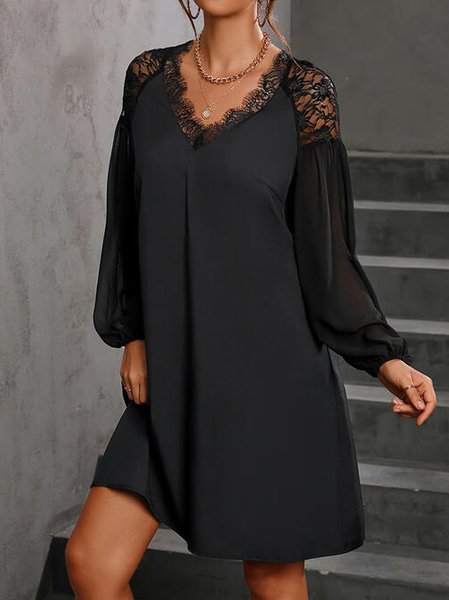 

Urban Plain Lace Panel Loose Dress, Black, Dresses