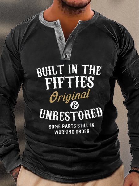 

Men's Printed Long Sleeve Button T Shirts With Fifties, Black, Long Sleeves