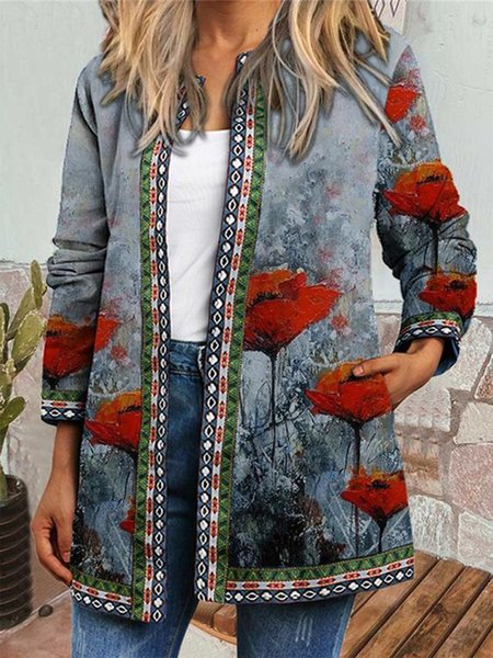 

Crew Neck Casual Corn poppy Coat, Blue, Cardigans