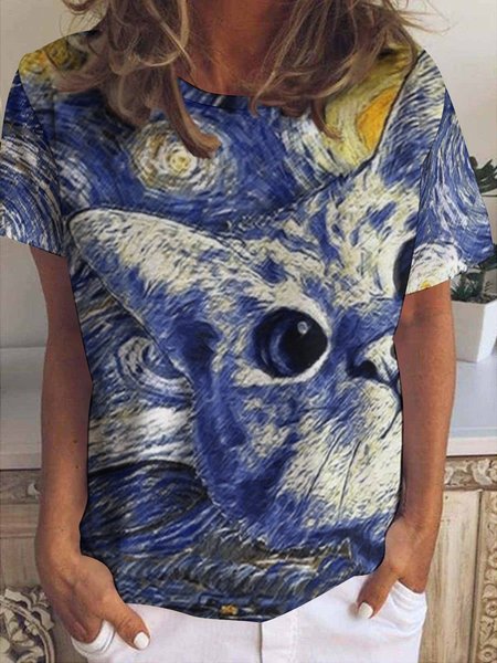 Women Cat Star Night Pattern Crew Neck T-Shirt, As picture, T-shirts