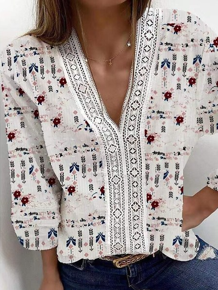 

Lantern Sleeve Casual V Neck Floral Lace Top, White, Blouses & Shirts