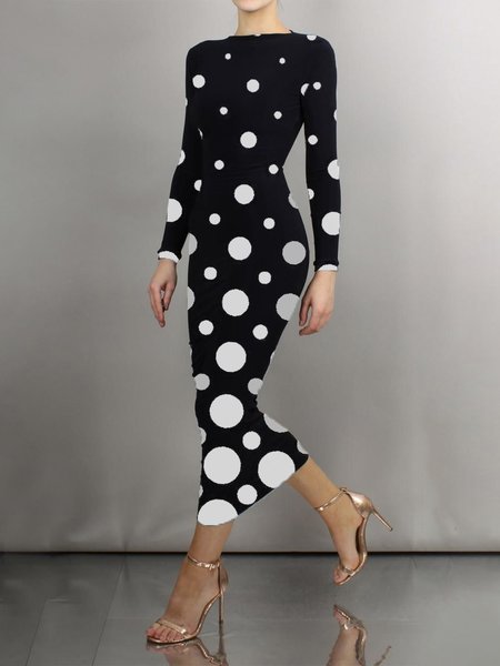 

Tight Elegant Polka Dots Long Sleeve Maxi Dress, Black-white, Maxi Dresses