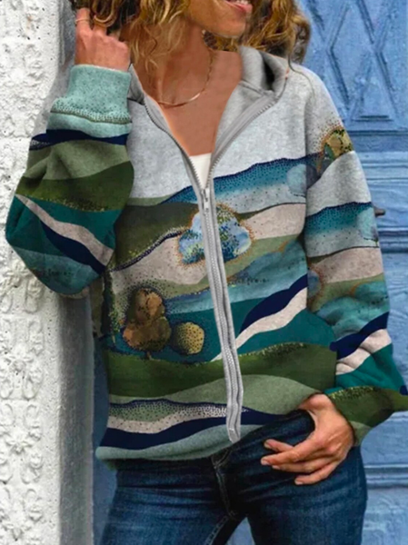 

Casual Landscape Painting Loose Zipper Hoodie Sweatshirt, Multicolor, Coats
