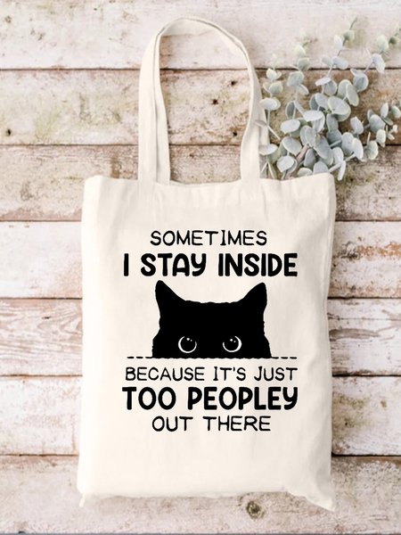 

Sometimes I Stay Inside Because It's Too Peopley Out There Cute Cat With Big Eyes Printed Canvas Bag Shopping Tote, White, Bags