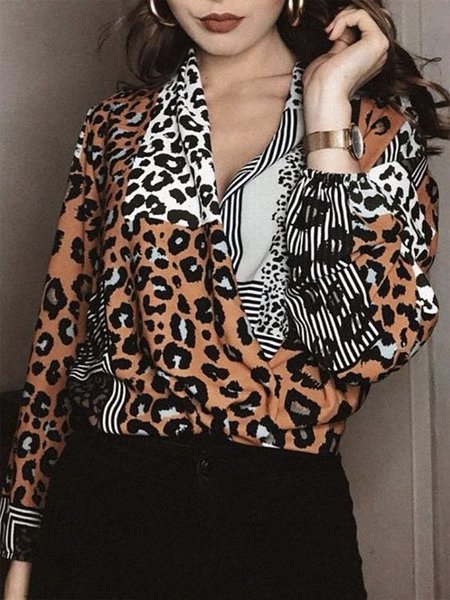 

Women Leopard Autumn Urban Polyester Cross Neck No Elasticity Loose Regular H-Line Blouse, Blouses and Shirts