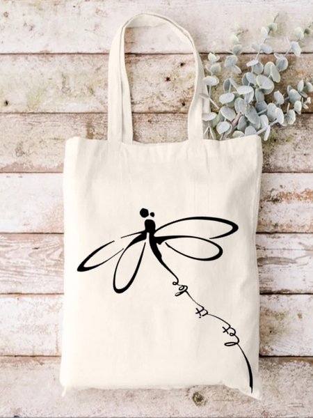 

Let It Be Dragonfly Print Canvas Shopping Tote, White, Bags